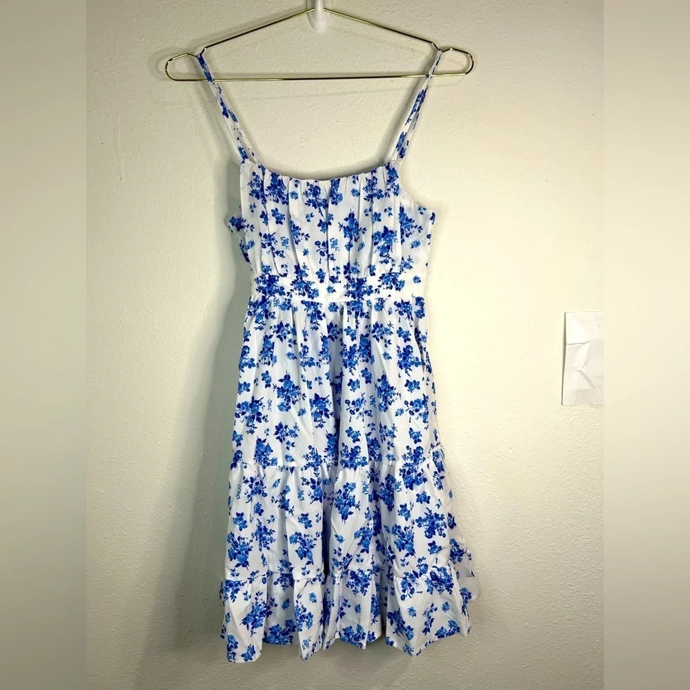 SHEIN Girls 11-12 Blue & White Floral Sundress Tiered Ruffle Skirt, Cottagecore